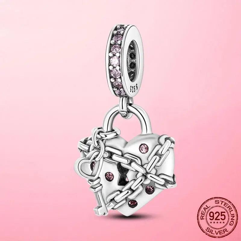 Love Heart Key Dangle Charm Silver Beads for Bracelet DIY Pendant