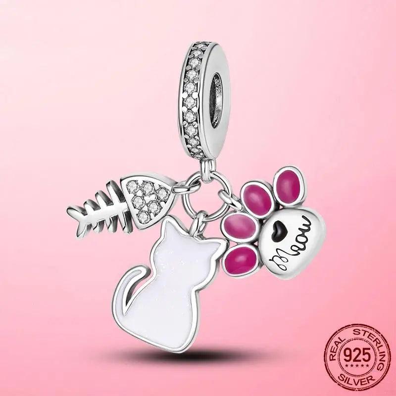 Cat Paw Fish Bone Dangle Charm Silver Enamel Pendant DIY Jewellery