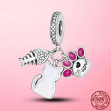 Cat Paw Fish Bone Dangle Charm Silver Enamel Pendant DIY Jewellery