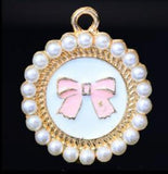 10pcs Bow Round Pearl Enamel Charms Oil Drop Zinc Alloy Gold-Color Pendant