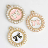 10pcs Bow Round Pearl Enamel Charms Oil Drop Zinc Alloy Gold-Color Pendant