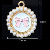 10pcs Bow Round Pearl Enamel Charms Oil Drop Zinc Alloy Gold-Color Pendant