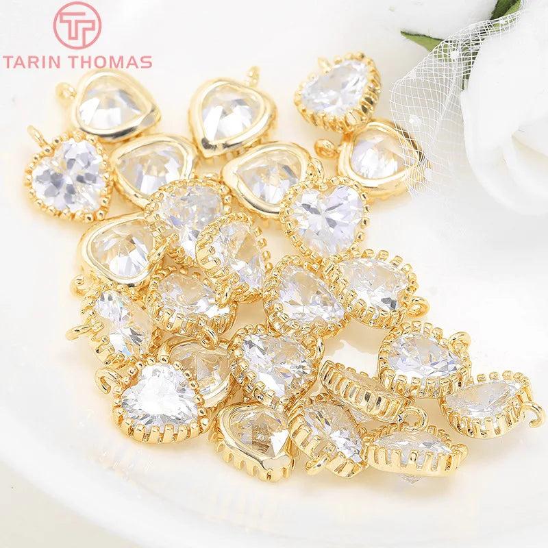 4PCS 24K Plated Brass Zircon Heart Charms Pendants DIY Jewelry