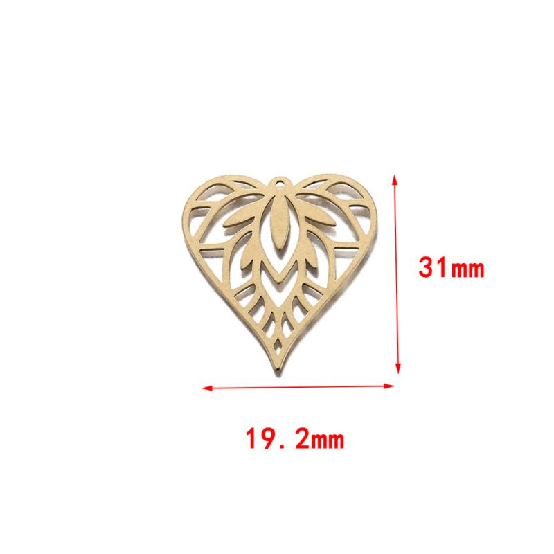 6Pcs Raw Brass Heart Pendant Charms, Hollow Out Leaf Love Heart Charm