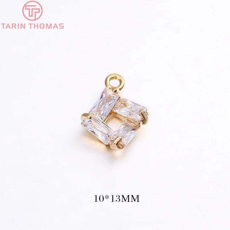 4PCS 10x13MM Square Charms Pendants 24K Plated Brass with Zircon DIY Jewelry
