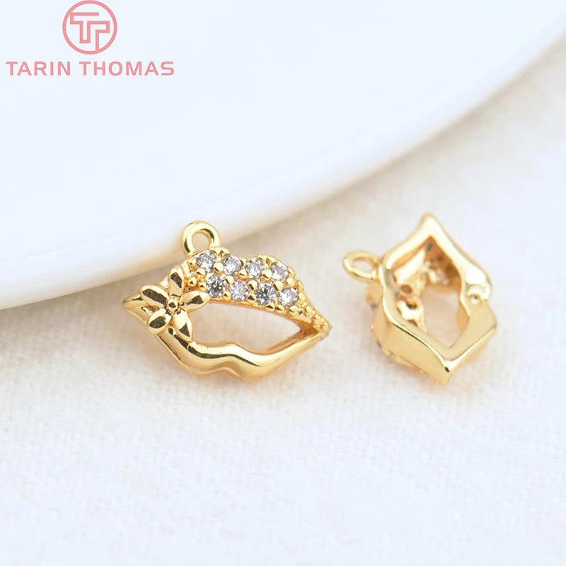 6PCS 5.5x9.5MM 24K Plated Brass Zircon Lips Charms Pendants DIY Jewelry