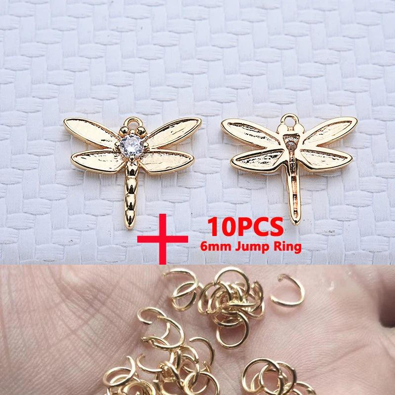 4Pcs 24K Brass Crystal Dragonfly Charms Pendants For Jewelry Making