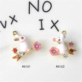 5pcs Enamel Effect Rhinestone Flower Bunny Charms