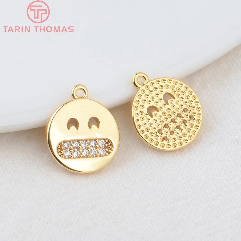 6PCS 10.5MM Hole 1MM 24K Plated Brass Zircon Smiley Charms Pendants