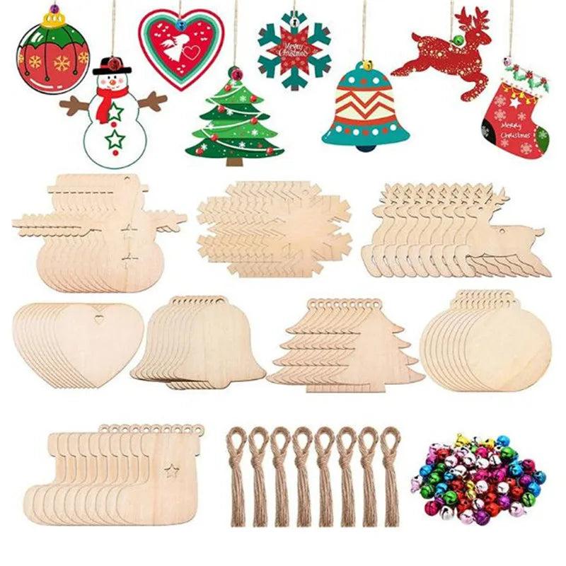 Christmas Wood Slice Charms With Bells Ropes Mixed Elk Tree Snowman