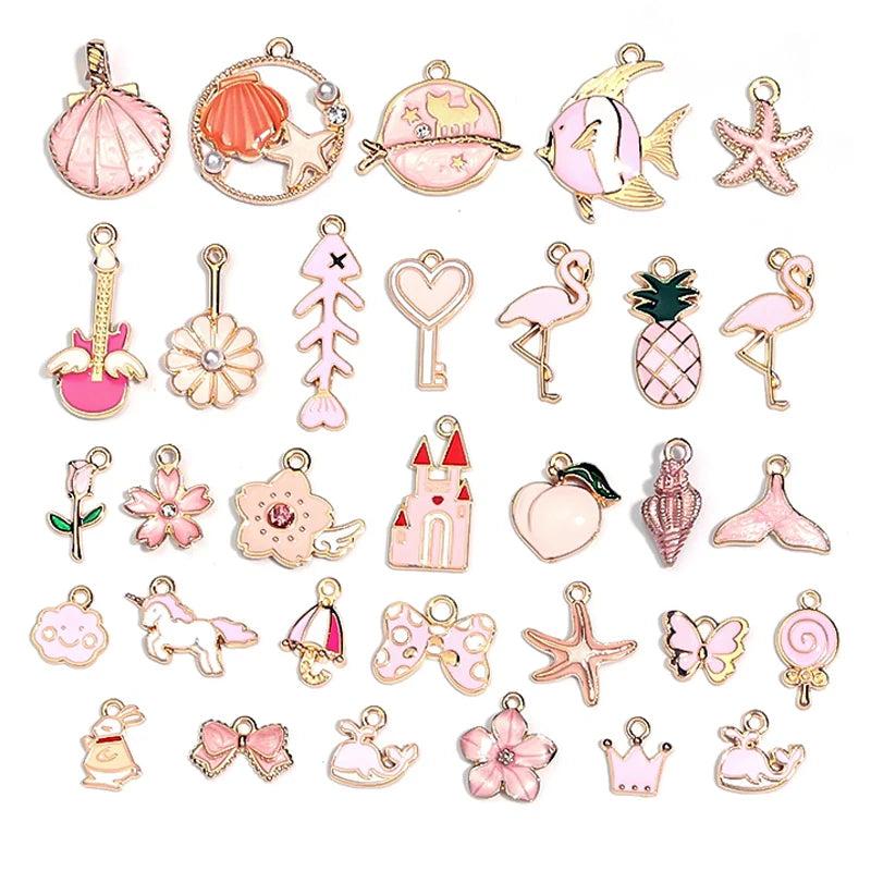 30pcs Mixed Enamel Animal Flowers Fruit Pendant Pink Alloy Metal Drop Oil Charms