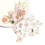30pcs Mixed Enamel Animal Flowers Fruit Pendant Pink Alloy Metal Drop Oil Charms