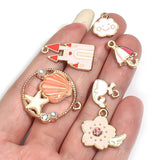 30pcs Mixed Enamel Animal Flowers Fruit Pendant Pink Alloy Metal Drop Oil Charms