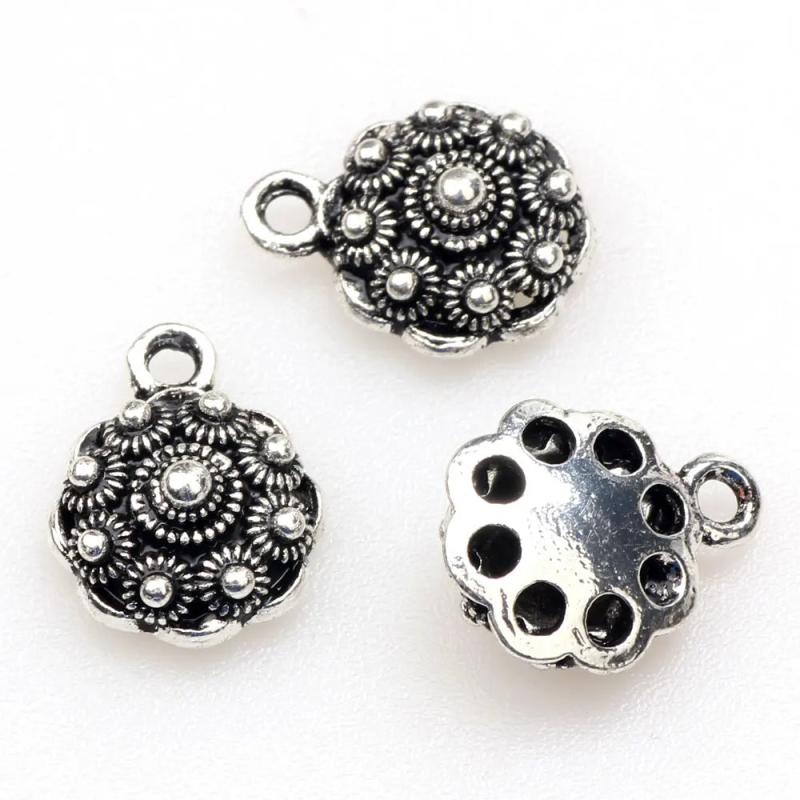 Tibetan Silver-Zinc Alloy Flower Metal Bead Pendant