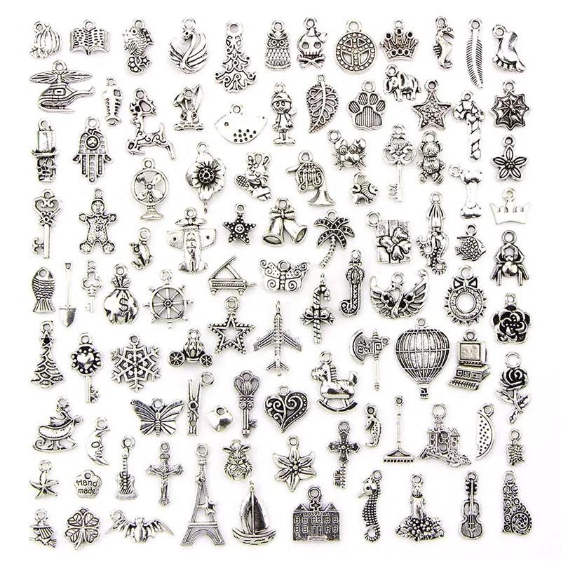100 Pcs/Set Tibetan Silver Charms Pendants for DIY Jewelry Making