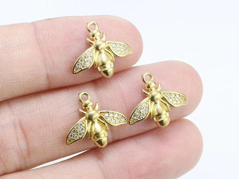 6pcs CZ Bee Charm, Dainty Earring Charm, Brass Honey Pendant