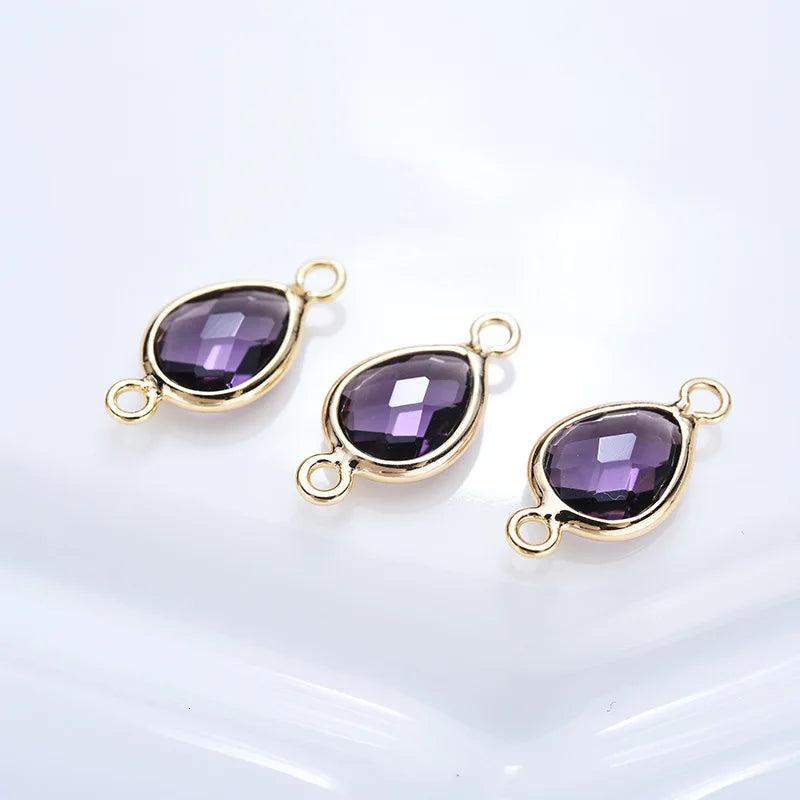 6PCS 24K Champagne Plated Brass Zircon Drop Connect Charms