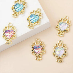 10Pcs Love Fish Scale Lace Alloy Charms Pendant Diy Heart-Shaped Scale Pendant