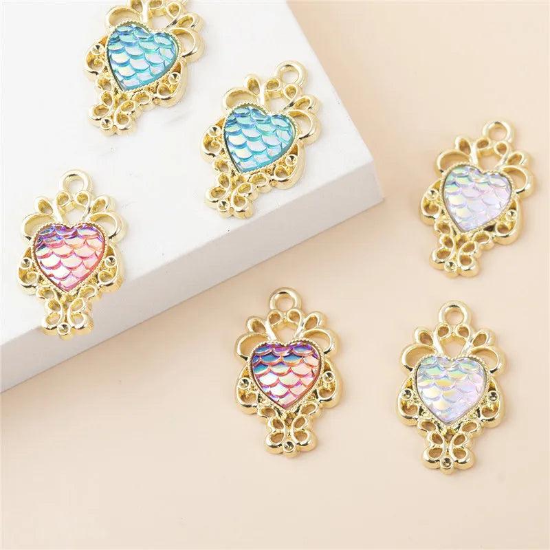 10Pcs Love Fish Scale Lace Alloy Charms Pendant Diy Heart-Shaped Scale Pendant