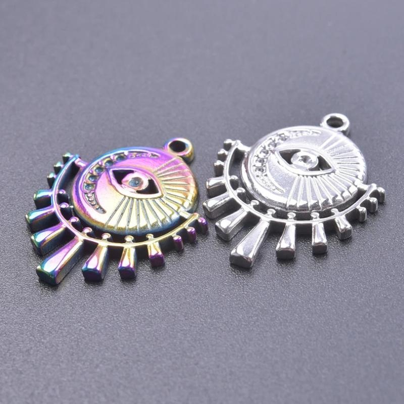 5pcs Rainbow Silver Cutout Devil's Eye Moon Sun Stainless Steel Charms Pendant