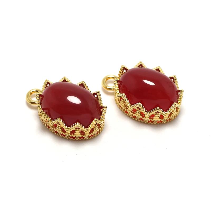 2pcs Crown Pendant 24K Plated Brass Red Agate Stone Earrings Charms