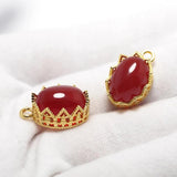 2pcs Crown Pendant 24K Plated Brass Red Agate Stone Earrings Charms
