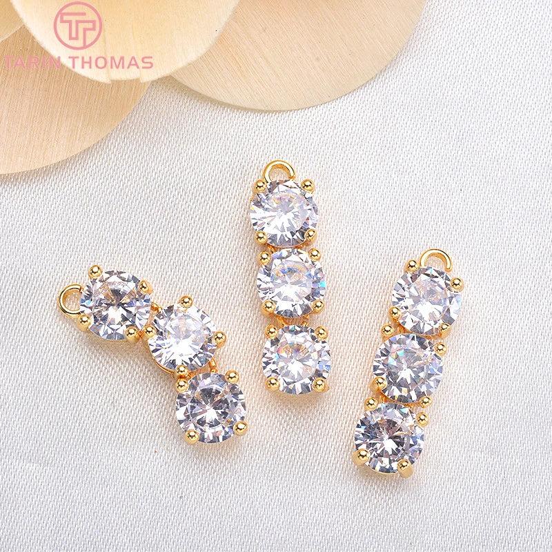 6PCS 6*20MM 24K Plated Brass Zircon Three-chain Charms Pendants
