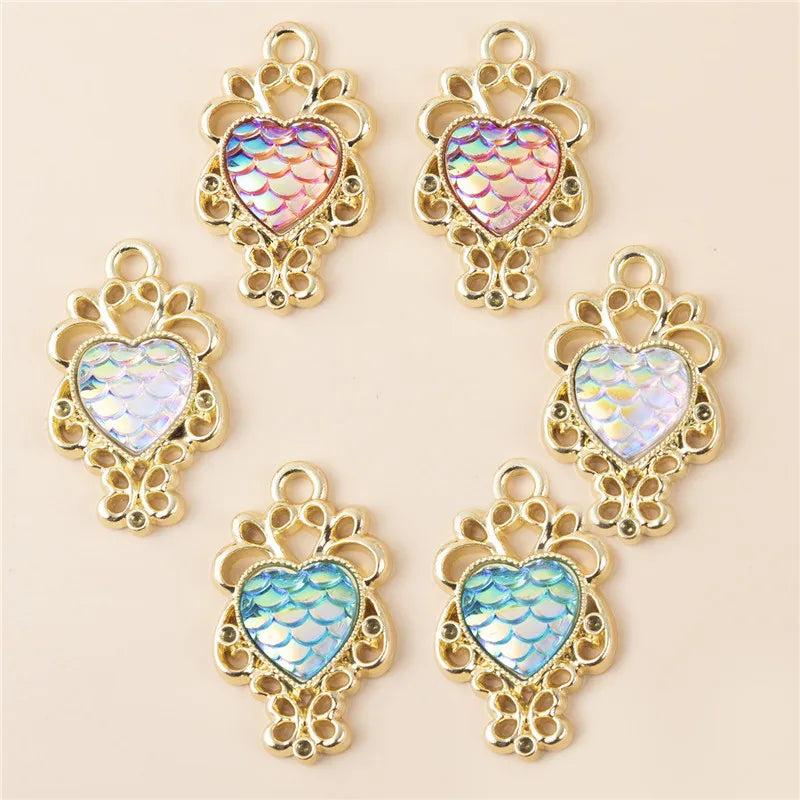 10Pcs Love Fish Scale Lace Alloy Charms Pendant Diy Heart-Shaped Scale Pendant