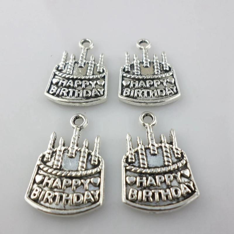 48pcs Tibetan Silver Happy Birthday Cake Charms Crafts Pendants Beads 15x22mm