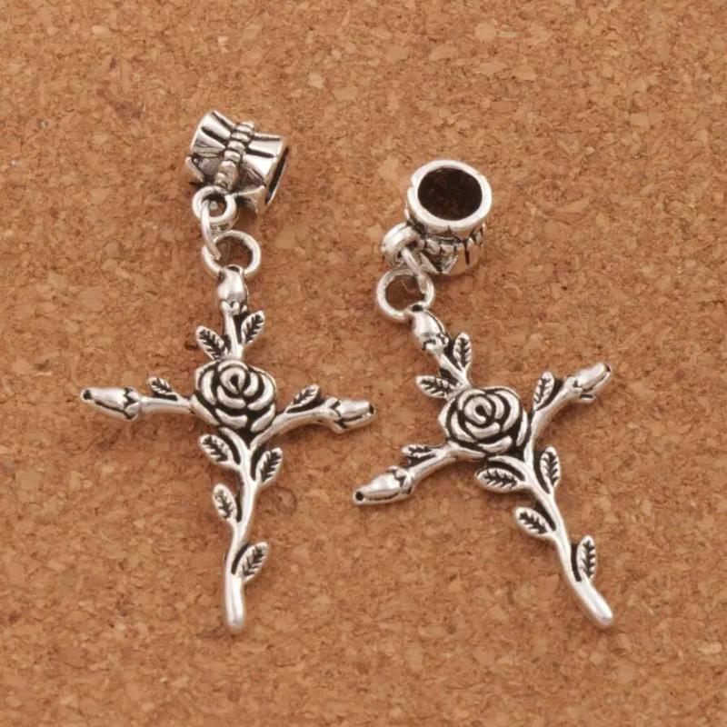 Vintage Rose Flower Cross Charm Beads 12Pcs Dangle Fit European Bracelets