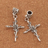 Vintage Rose Flower Cross Charm Beads 12Pcs Dangle Fit European Bracelets