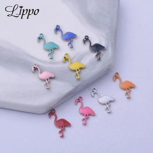 30pcs Enamelled Flamingo Charms Small Bird Pendants Copper Jewelry