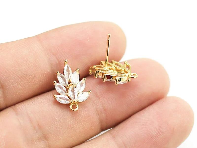 6pcs CZ Leaves Earring Studs, Real Plated, Leaf Stud Earrings