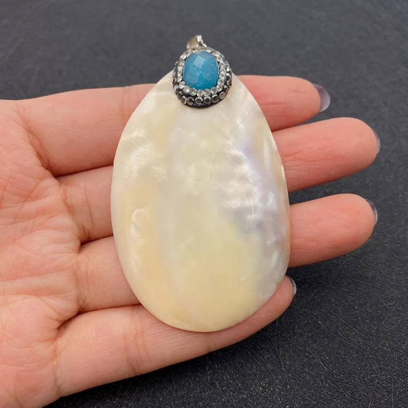 Natural Shell Pendant Oval Charm Inlaid Rhinestone DIY Jewelry 35x61mm