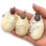 Natural Shell Pendant Oval Charm Inlaid Rhinestone DIY Jewelry 35x61mm