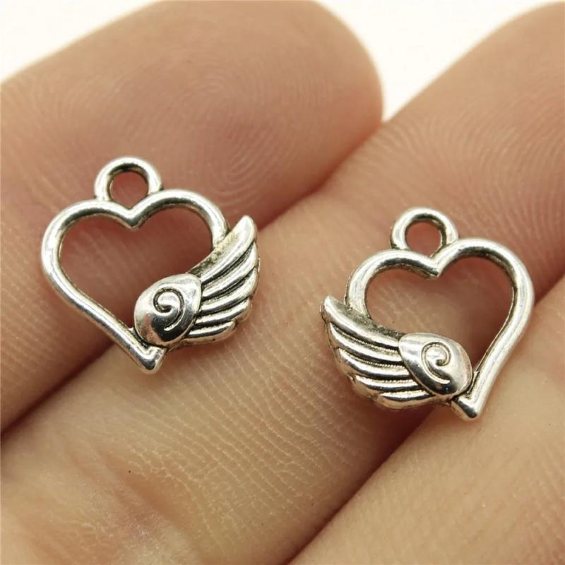 40pcs Angel Winged Heart Charms 14x12mm Tibetan Silver Pendants DIY Jewelry