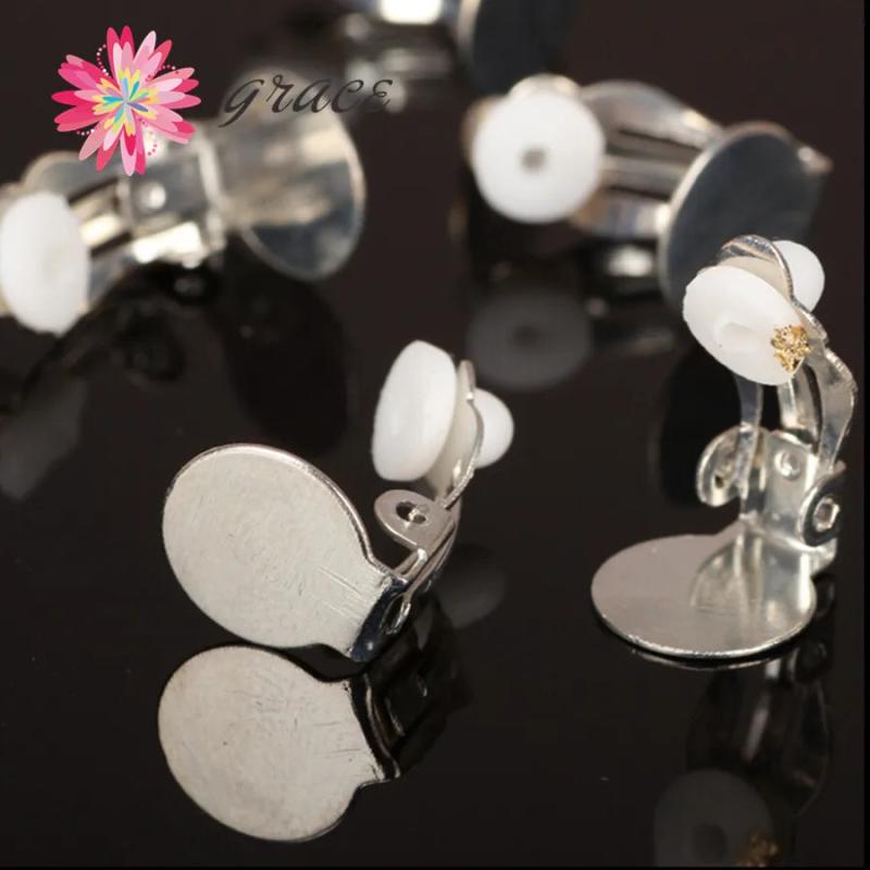 Rhodium Silver Tone Clip On Earring Flat Pad Findings With Loop Clasp