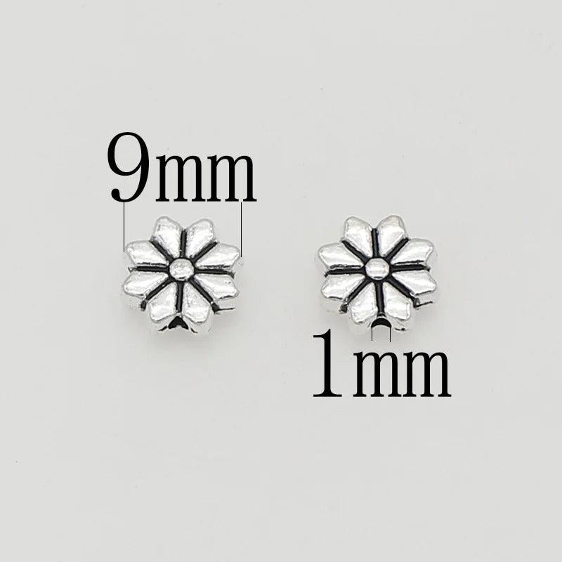 50pcs Flat Flower Loose Beads 9mm Antique Silver Floral Spacers for DIY Jewelry