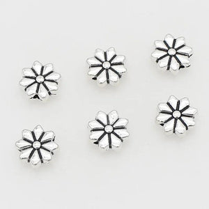 50pcs Flat Flower Loose Beads 9mm Antique Silver Floral Spacers for DIY Jewelry