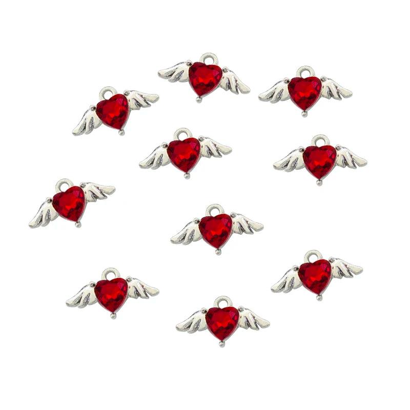 10Pcs Mini Heart Charms Silver Wings DIY Jewelry Findings