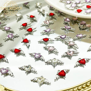 10Pcs Mini Heart Charms Silver Wings DIY Jewelry Findings