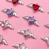 10Pcs Mini Heart Charms Silver Wings DIY Jewelry Findings