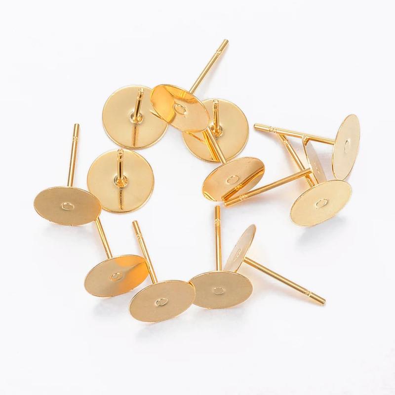 100 Pcs Flat Round Stud Earring Findings, 24K Plated, 12x8x0.3mm