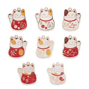 10Pcs Enamel Fortune Cat Charms Bell Pendant DIY Jewelry Making