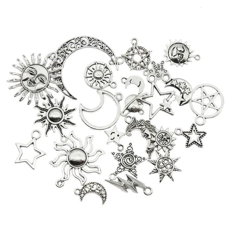 20 PCS Vintage Silver Sun Moon Stars Charms Pendants For DIY Jewelry Making