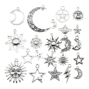 20 PCS Vintage Silver Sun Moon Stars Charms Pendants For DIY Jewelry Making