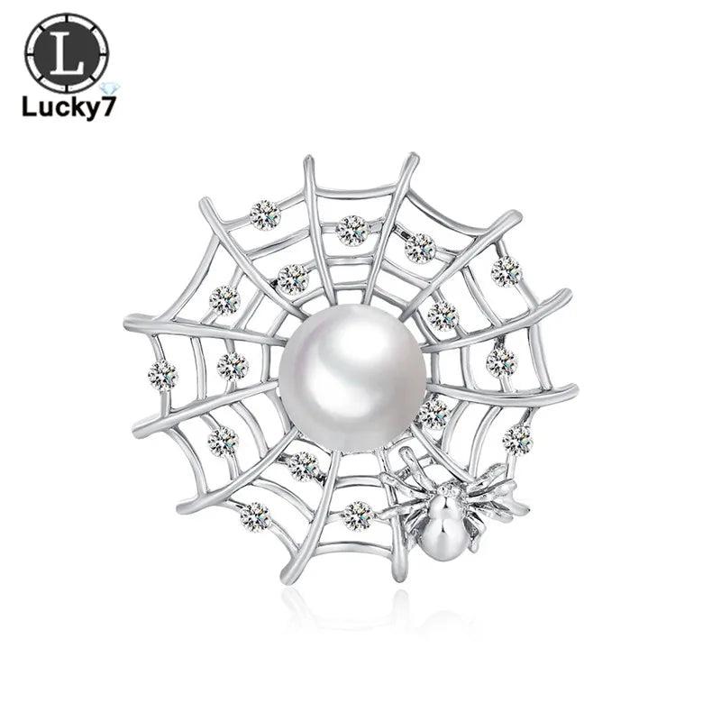 Exaggerated Alloy Pearl Rhinestone Web Brooch