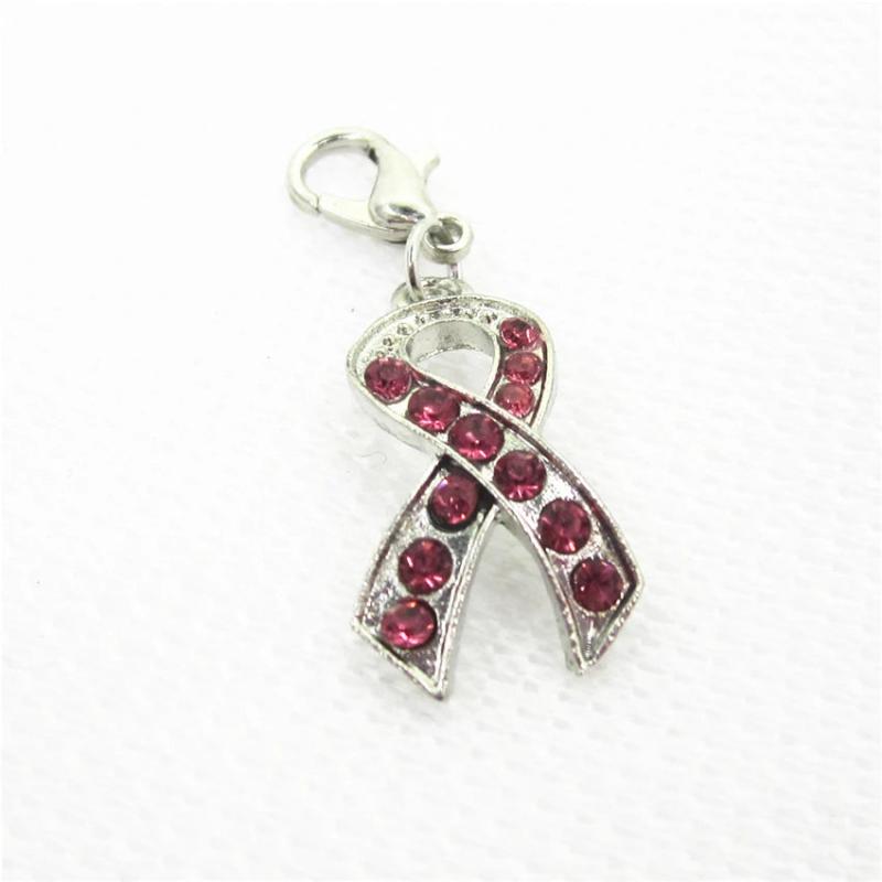 20pcs Pink Crystal Cancer Awareness Ribbon Dangle Charm DIY Bracelet Jewelry