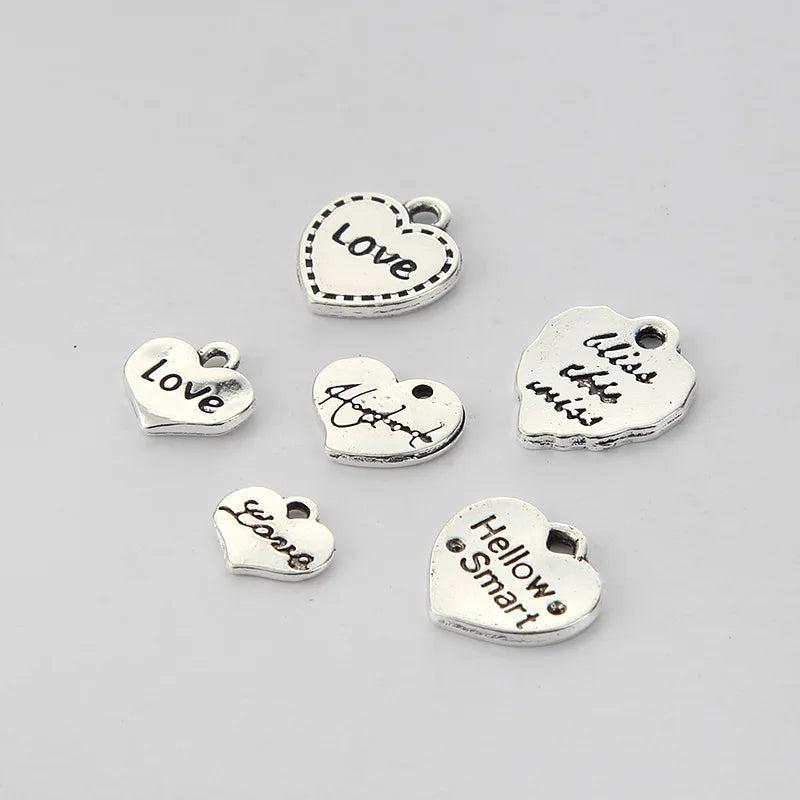 100pcs Antique Silver Heart Letter Charms for DIY Jewelry Making