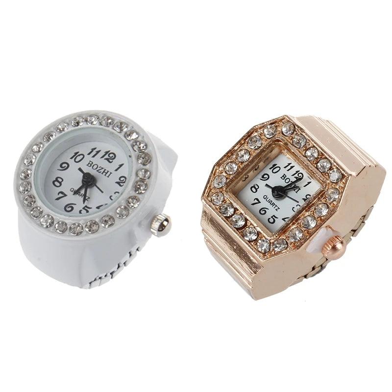 Glitter Crystal Decor Finger Ring Watch Copper Tone for Lady